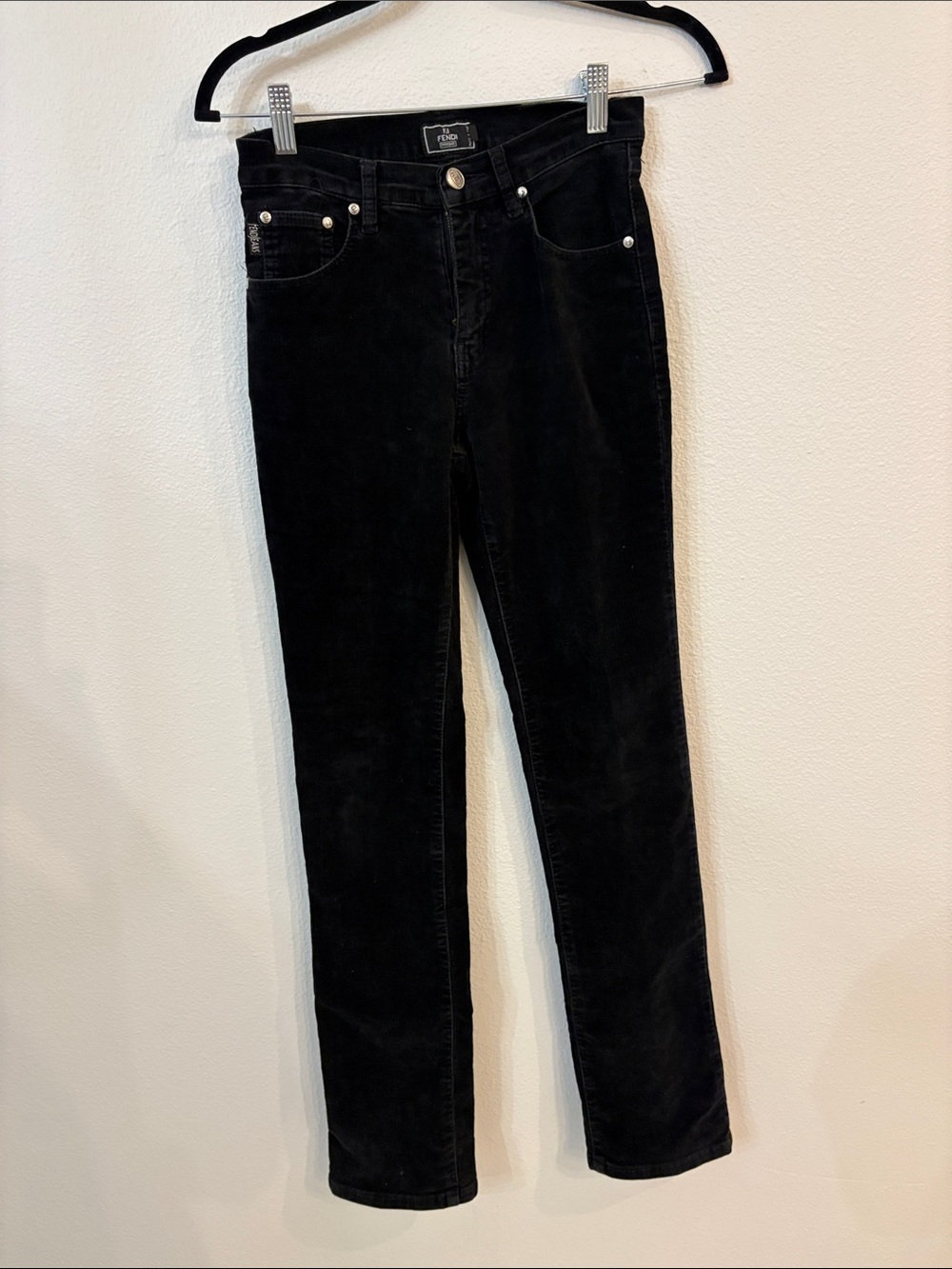 Vintage Fendi Maglia Black Corduroy Pants with Gold Button